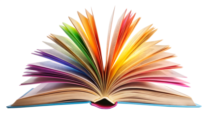 Open book with colorful pages isolated on transparent background, showcasing a vibrant spectrum of knowledge and imagination, perfect for educational and creative projects