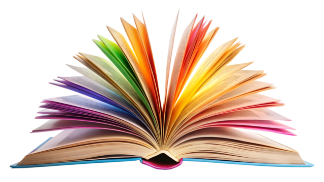 Open book with colorful pages isolated on transparent background, showcasing a vibrant spectrum of knowledge and imagination, perfect for educational and creative projects