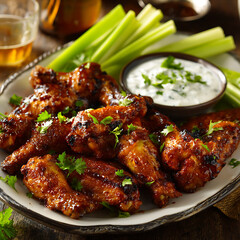 Fototapeta premium Buffalo wings with celery sticks and dipping sauce, served on a platter.