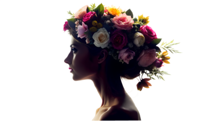 Elegant silhouette of a woman adorned with a vibrant flower crown isolated on transparent background, embodying beauty, grace, and the essence of natures artistry
