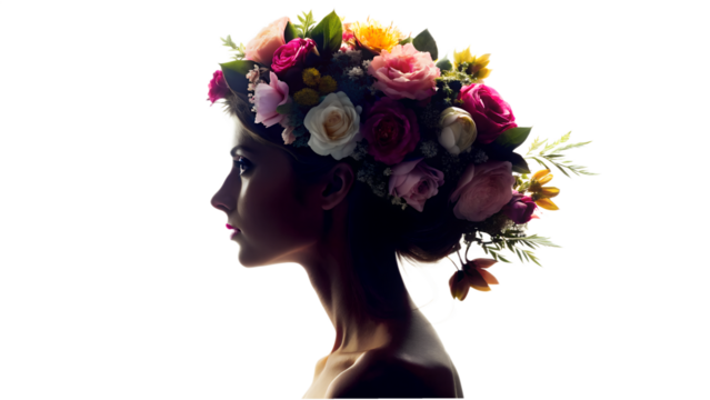 Elegant silhouette of a woman adorned with a vibrant flower crown isolated on transparent background, embodying beauty, grace, and the essence of natures artistry