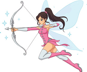 Beautiful fantasy fairy archer girl with magical wings, holding bow and arrow, strong female warrior character in pink costume, flying gracefully