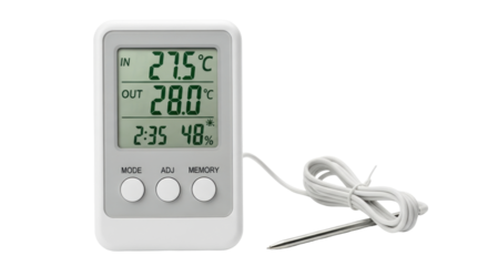 Isolated digital thermometer showing indoor and outdoor temperatures along with humidity