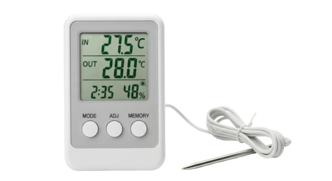 Isolated digital thermometer showing indoor and outdoor temperatures along with humidity