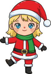 Cute cartoon girl in Santa Claus costume with red hat, green scarf and black boots, Christmas holiday child character festive illustration