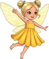 Cute fairy girl with blonde hair in yellow dress, flying with magical wings, joyful fantasy character illustration, adorable mystical artwork