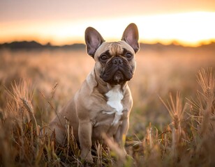 French Bulldog in golden wheat field at sunset