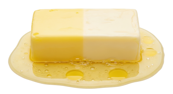 Isolated slab of butter melting, half light and half golden, surrounded by melted butter