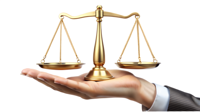 Scales of justice isolated on transparent background, a symbol of fairness and legal balance, held in a hand representing the pursuit of justice and law