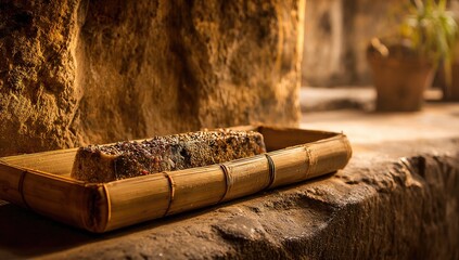 A loaf of bread sits in a rustic bamboo tray.