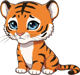 Sad cute baby tiger cartoon illustration with big blue eyes, adorable animal character, wildlife drawing, jungle cat artwork, children design