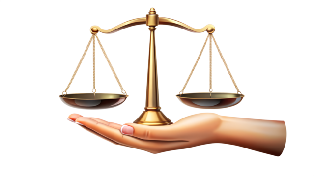 Scales of justice on a hand isolated on transparent background symbol of law, balance, and fairness concept of legal system and judicial process