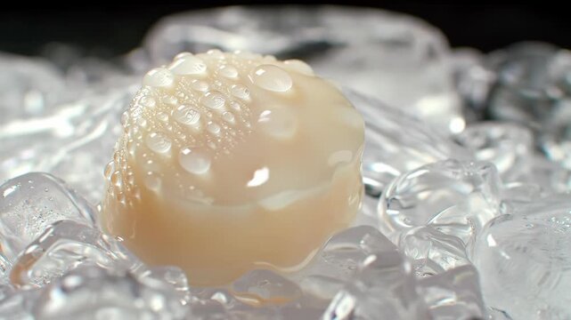 Peeled lychee on ice cubes, a refreshing and chilled presentation.