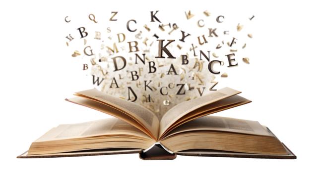 Open book with letters flying out of it isolated on transparent background concept for reading, writing, education, and knowledge transfer