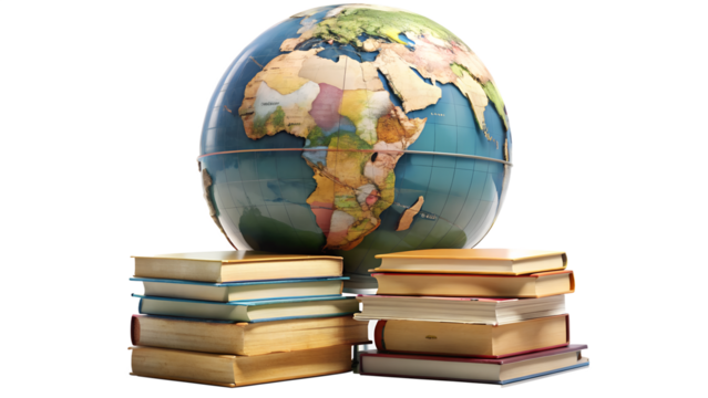 Globe on top of stack of books isolated on transparent background concept for education, geography, travel, and global knowledge - Powered by Adobe