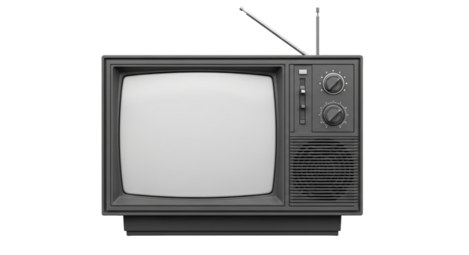Isolated vintage television receiver with antenna, a retro technological device from past