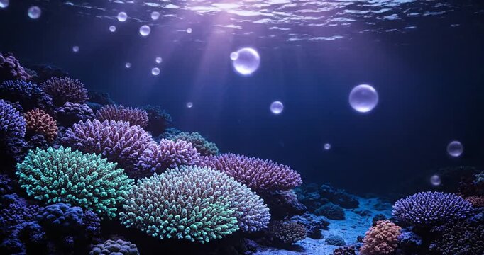 Close-up view of a vibrant coral reef underwater, illuminated by sunlight, with colorful corals, shimmering bubbles, and tranquil blue water