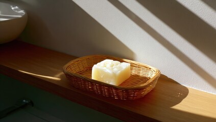 A bar of soap rests in a light brown wicker basket.