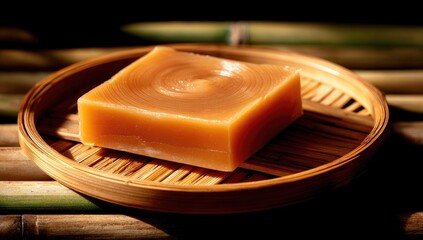 A square bar of soap sits in a bamboo steamer basket.