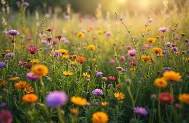 Colorful wildflowers bloom in a summer meadow. Sunlight shines through the blossoms creating a vibrant nature scene. Diverse plants grow in a green field background.