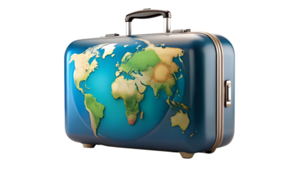 Suitcase with world map isolated on transparent background, symbolizing global travel, international business, and worldwide exploration