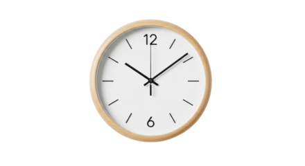 Isolated clock showing ten minutes past ten o'clock on light wood frame face, studio shot