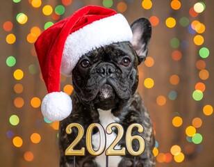 French bulldog wearing Santa hat, New Year's 2026