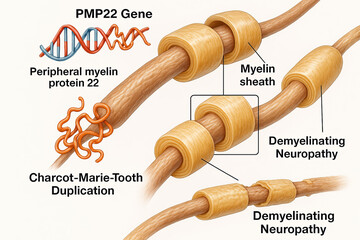 Illustration of PMP22 gene mutation leading to Charcot-Marie-Tooth disease and demyelinating neuropathy