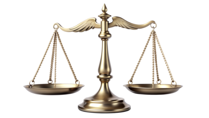 Golden scales of justice isolated on transparent background, symbolizing fairness, balance, and the legal system, representing the pursuit of truth and equity