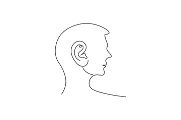 Minimalist continuous one line drawing of a human ear with sound waves, symbol of hearing, listening, and communication