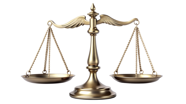 Golden scales of justice isolated on transparent background, symbolizing fairness, balance, and the legal system, representing the pursuit of truth and equity