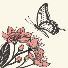Butterfly on a flowering branch illustration