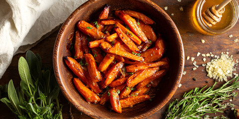 Honey glazed roasted carrots in a wooden bowl with herbs and spices on a wooden surface. Healthy food concept.