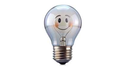 Light bulb with smiley face isolated on transparent background, representing positive ideas, innovation, and the concept of bright and cheerful solutions