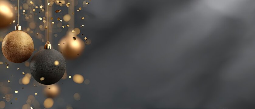 Golden and black ornaments hanging with festive confetti falling against a blurred gray background during a holiday celebration