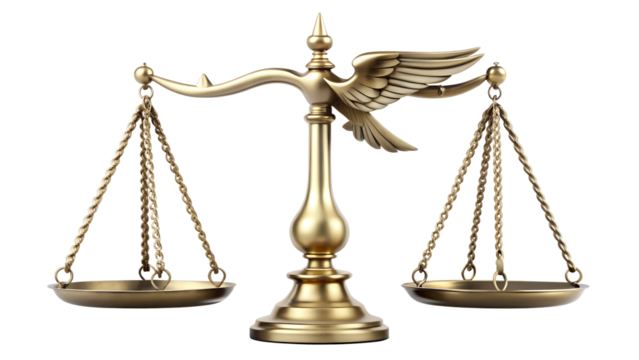 Golden justice scales with eagle isolated on transparent background, symbolizing law, fairness, and the balance of legal decisions in a court of law