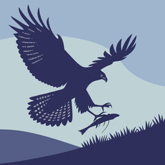 Eagle catching a fish in the wild, flying over the grass and the hills