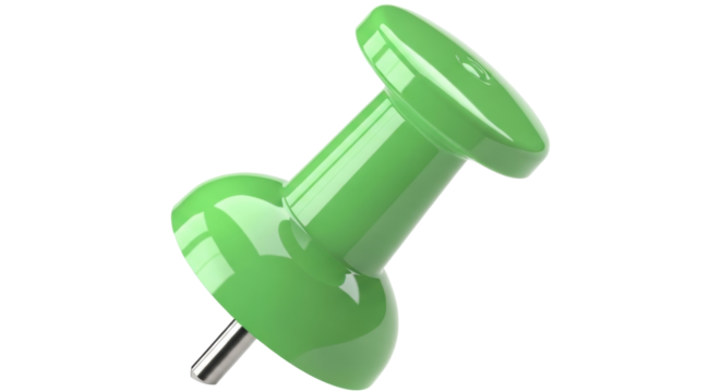 Isolated bright green pushpin or thumbtack lying on side in a close-up studio shot