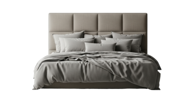 Isolated soft gray bed with a quilted headboard and pillows set for relaxing sleep