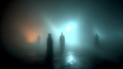 Ghost apparitions drifting layered, backlighting haze, triadic cold palette, ethereal fog depth