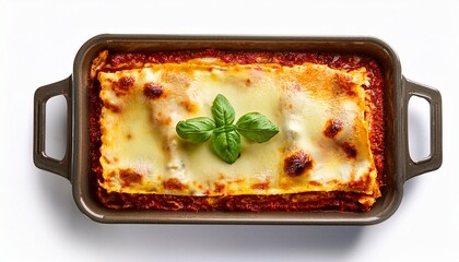 overhead view of a rectangular lasagna dish on a white background casserole isolated