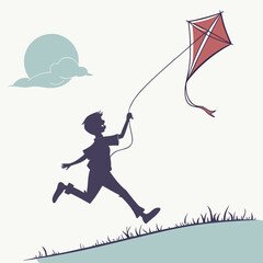 Fototapeta premium Silhouette of a boy running uphill while flying a kite with moon in background