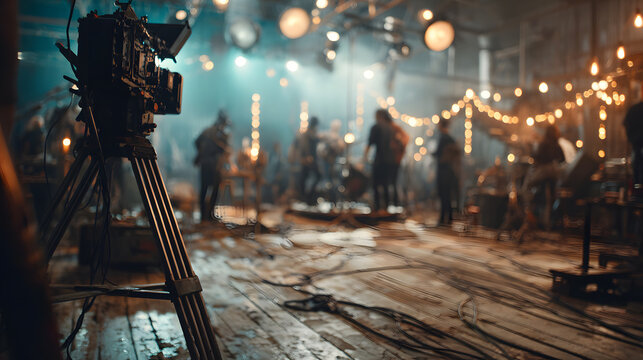 Filming a lively music performance in an old warehouse filled with lights and a vibrant crowd