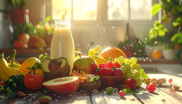 Vibrant still-life featuring a diverse arrangement of fresh fruits, vegetables, and a bottle of creamy beverage on a wooden table bathed in sunlight - Powered by Adobe