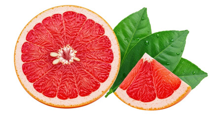 Isolated juicy grapefruit slices and green leaves, a vibrant and refreshing citrus fruit display