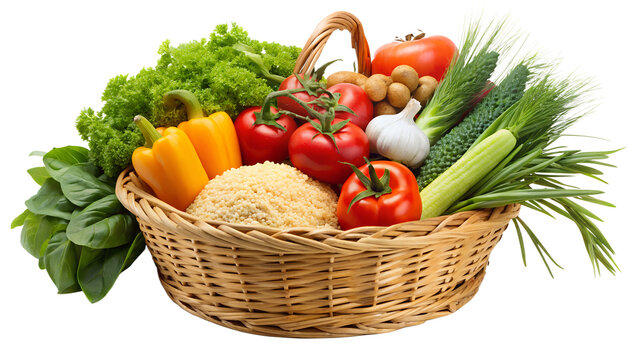 Fresh vegetables in a wicker basket isolated on transparent background, including tomatoes, peppers, lettuce, garlic, cucumbers, and other produce