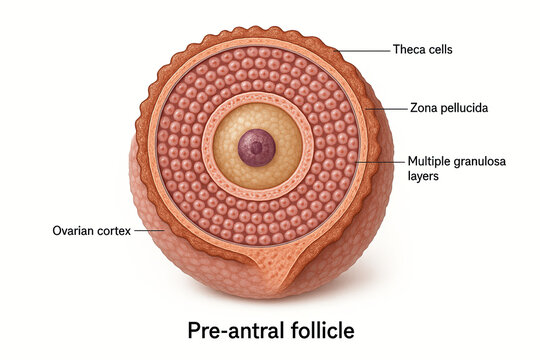 Illustration of a Pre-antral Follicle with Labeled Structures: Ovarian Cortex, Theca Cells, Zona Pellucida, and Multiple Granulosa Layers, Showcasing Early Ovarian Development
