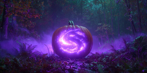 Mystical Glowing Halloween Pumpkin in Dark Forest with Purple Fog and Magical Light, Spooky Fantasy Background for Autumn, Horror, and Holiday Design