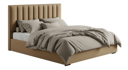 Isolated view of a beige upholstered bed with pillows and duvet ready for sleeping