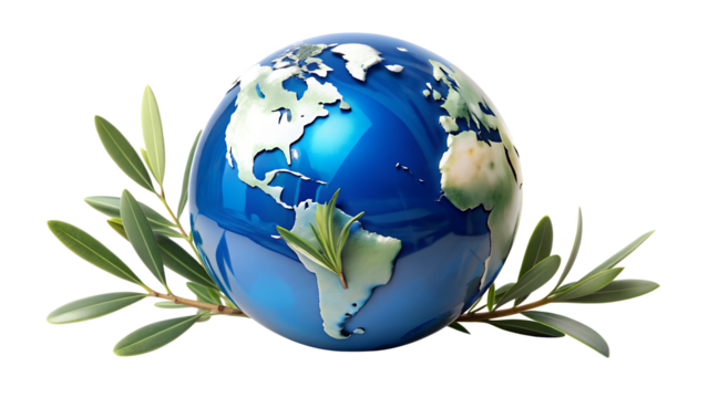 Globe with olive branch isolated on transparent background, symbolizing peace, environment, and global sustainability, with focus on the americas